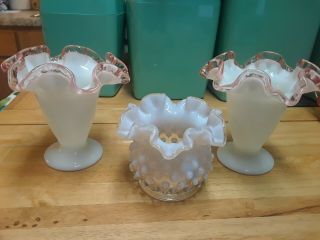 3 Pc Vintage Fenton Glass Vases Pink Crest And Hobnail