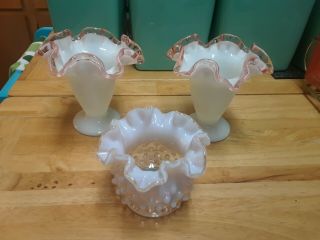 3 Pc Vintage Fenton Glass Vases Pink Crest and Hobnail 2