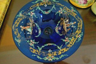 Salviati Venetian Hp Enamel Figural Small Cobalt Blue Glass Footed Bowl