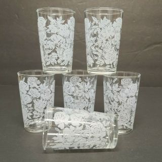 Set Of 6 Vintage Libbey Juice Glasses Clear With Etched Roses Floral