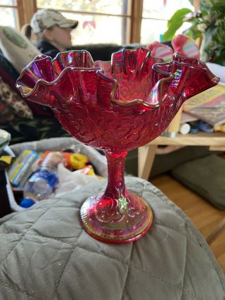 Vintage Fenton Art Glass Red Carnival Iridescent Persian Medallion Compote