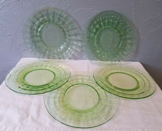 Five Green Vaseline Depression Glass Anchor Hocking Block Optic 8 - Inch Plates
