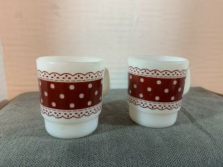 Set 2 Vintage Fire King Red/maroon Polka Dot Gingham Lace Coffee Mug Mugs Cups