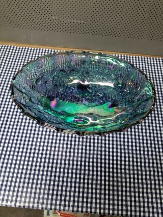 Vintage Indiana Carnival Glass Oval Footed Fruit Bowl Iridescent Blue /
