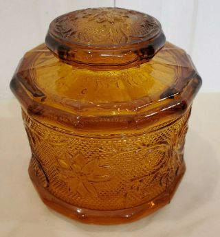 Vtg Tiara Indiana Amber Glass Sandwich Pattern Jar/canister W/ Lid.  5.  5 " Tall