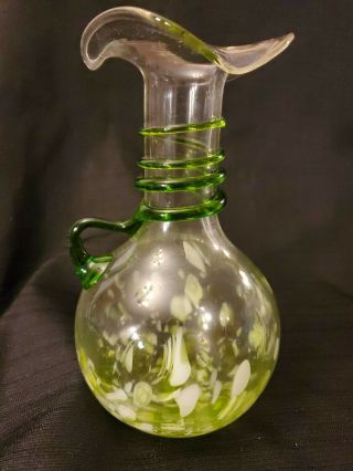 Art Glass Blown Green Vase Pitcher With Yellow And White Swirls Murano Style -