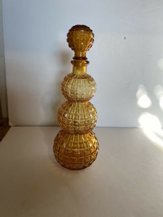 Vintage Amber Genie Bottle Decanter Square Cut Pattern Three Tier Bubble Stopper