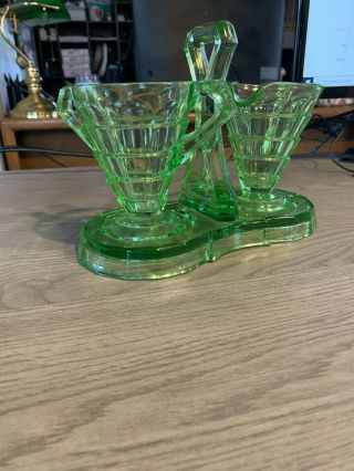 Vintage Green Depression Glass Creamer And Sugar Duo Set With Tray,  Great Cond.