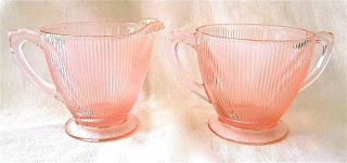 Vintage Cream & Sugar Set Jeannette Homespun Fine Rib Pink Dep Glass