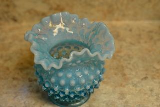 Fenton Vintage Blue Opalescent Hobnail Ruffled Edge Rose Bowl Vase Cond