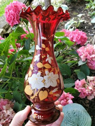 9 " Vintage Fenton Ruby Red Hour Glass Hand Enamel Painted Swung Vase Cre Ruffle
