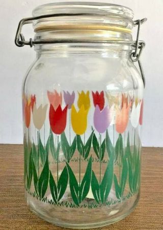 Vintage Anchor Hocking Glass Jar Canister Wire Rimmed Rubber Tulips