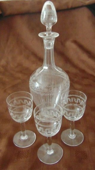 Antique Pall Mall Lady Hamilton Edwardian Glass Decanter & 3 Glasses