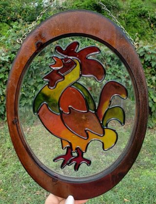 Vintage Stained Glass Oval Rooster Chicken Window Hanging Wood Frame,  2 Avail