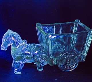 Vintage 1920 - 30s Victory Glass Depression Pressed Horse Pulling Cart Candy Dish