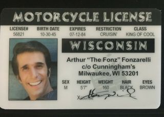 The Fonz Fonzie Happy Days Novelty Motorcycle License Tv Show Wi Drivers Id