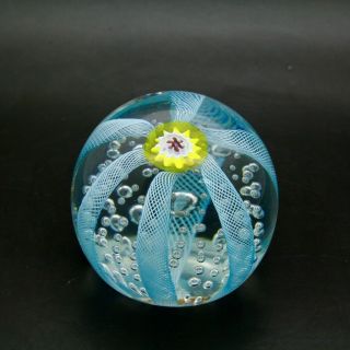 Murano Glass Blue Lines & Yellow Control Bubbles Glass Paperweight Apr 3 " Wx2.  5 " H