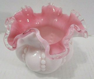 Vintage Fenton White Cased Glass Silvercrest Pink Ruffled Bowl Vase 5 "