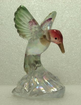 Fenton Iridescent Clear W/green And Rose Colors Hummingbird Handpainted - Signed