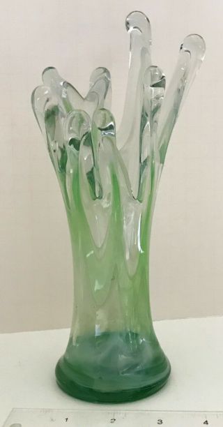 Vintage Hand - Blown Freeform Organic Art Glass Vase Green Anemone 9 3/8 "