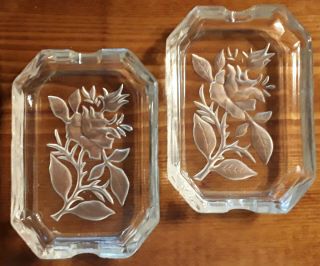 Vintage Small Clear Etched Cut Glass Ashtray Single Person Flower Rose Rectangle