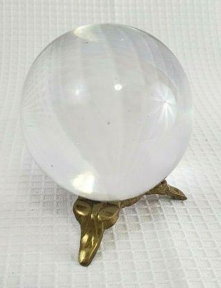 Glass Crystal Ball On Brass Stand Clear Sphere Photo Prop Paperweight Home Decor