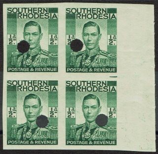 Southern Rhodesia 1937 Kgvi 1/2d Imperf Proof Block Mnh