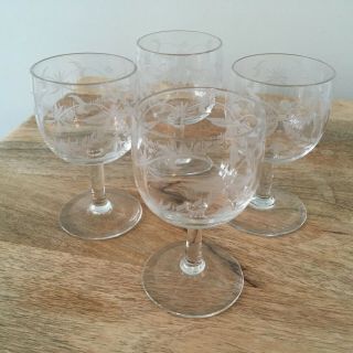 Antique Vintage Small Lead Crystal Etched Goblets Sherry Cordial Wine Glasses