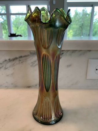 Antique Fenton Diamond Rib Carnival Glass Vase Green Pulled Swung 1910s 10 "