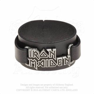 Alchemy Gothic Rocks Iron Maiden Logo Wristband Black Leather And Pewter