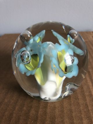 St Clair Art Glass Paper Weight Blue And Yellow Trumpet Flowers Rare Elwood In