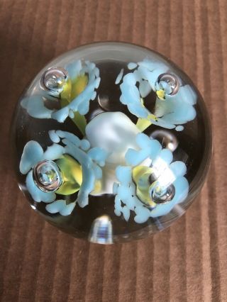 St Clair Art Glass Paper Weight Blue and Yellow Trumpet Flowers Rare Elwood In 2