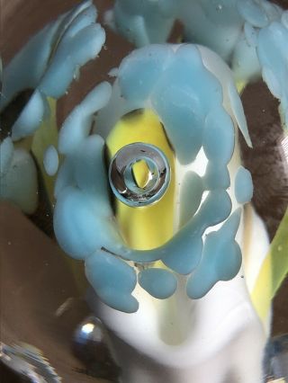St Clair Art Glass Paper Weight Blue and Yellow Trumpet Flowers Rare Elwood In 3