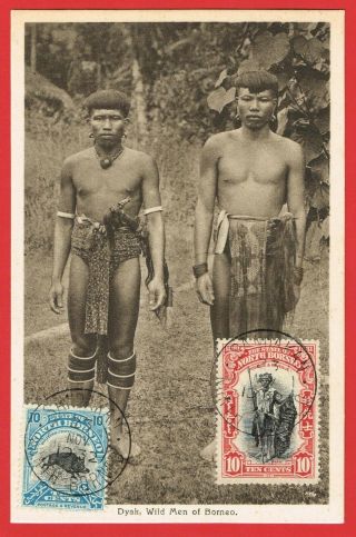 1932 Postcard Of Dyaks Franked 1931 10c Dyak And 1925 10c Boar Tied Sandakan Cds