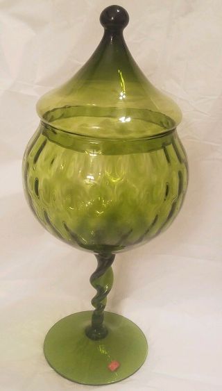 Vintage Green Empoli Art Glass Dish Optic Twisted Italy 16 " Mid Century Modern