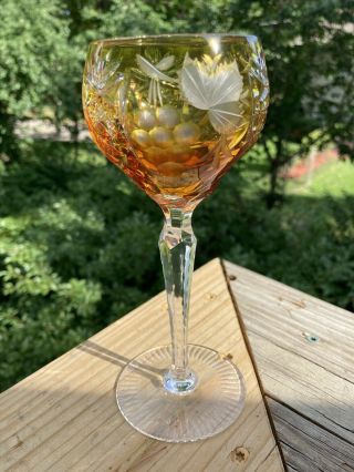 Etched Cut To Clear Bohemian Colored Crystal Amber Wine Glass