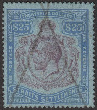 Malaya Straits Settlements 1923 Kgv $25 Fiscally Sg240b With Pen Cancel