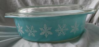 Vintage Pyrex White Snowflake On Turquoise 045 2 1/2 Qt Casserole Dish W/lid