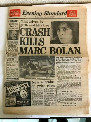 London Evening Standard 1977 Marc Bolan Death Front Page Vintage Newspaper