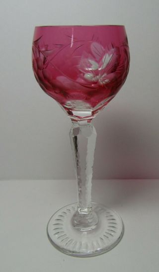 Vintage Bohemian Cranberry Cut To Clear Grape & Leaf Cordial 4¾ " Glass