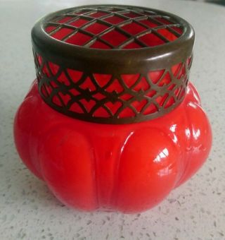 Vintage Red Tango Cased Lobed Czech Glass Rose Bowl,  Vase With Flower Frog Grill