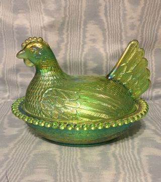 Vintage Rare Indiana Carnival Glass Over Lime Green Hen On Nest Usa