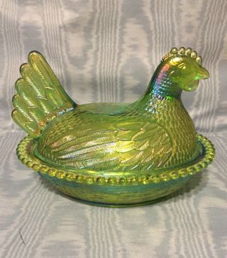 Vintage Rare Indiana Carnival Glass over Lime Green Hen on Nest USA 3