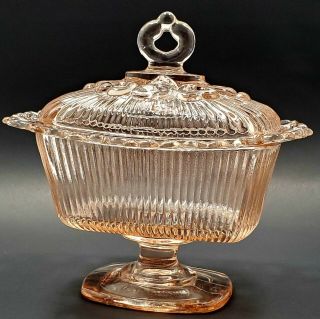 Vintage Pink Depression Glass Footed Candy Dish Lid Lace Border Ribbed