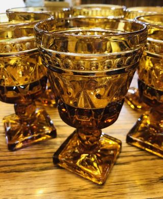 Indiana Amber Glass Square Footed Thumbprint Goblets 4 1/2” Set Of 6
