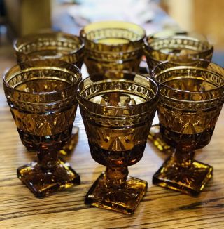 Indiana Amber Glass Square Footed Thumbprint Goblets 4 1/2” Set Of 6 2