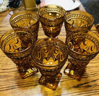 Indiana Amber Glass Square Footed Thumbprint Goblets 4 1/2” Set Of 6 3