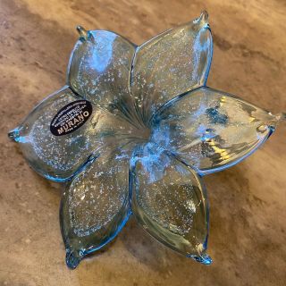 Italian Art Blown Glass Flower Murano Blue Made In Italy