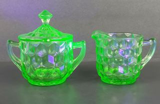 Jeannette Glass Co Cube Cubist Green Uranium Depression Sugar & Creamer Set Vgc