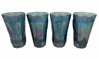 Set Of 4 Vintage Indiana Harvest Grape Iridescent Blue Carnival Glass Tumblers